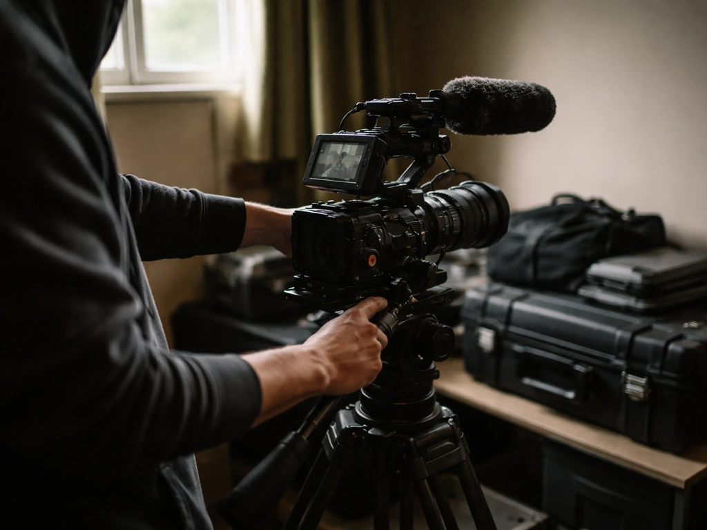 Candid documentary on-set scene with an anonymous camera operator adjusting a video camera in a quiet room.