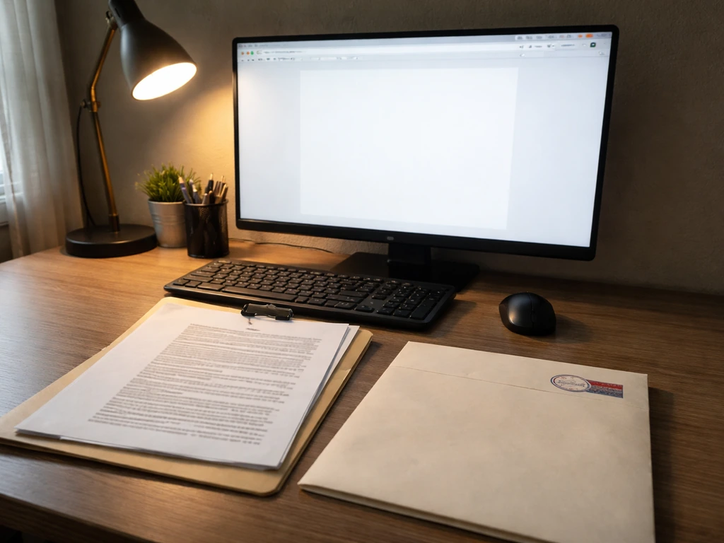 Minimal home office desk with legal documents and a computer workstation suggesting USPTO trademark filing records.