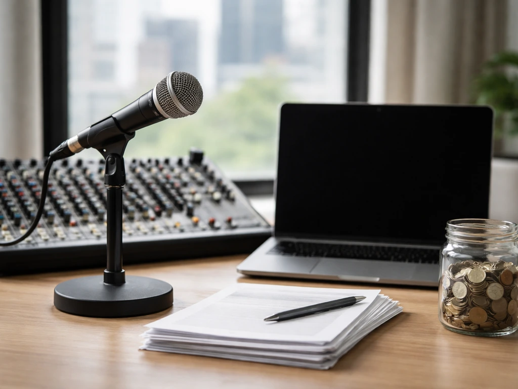 Minimal event production desk with microphone, mixing console, and coins symbolizing estimated net worth.