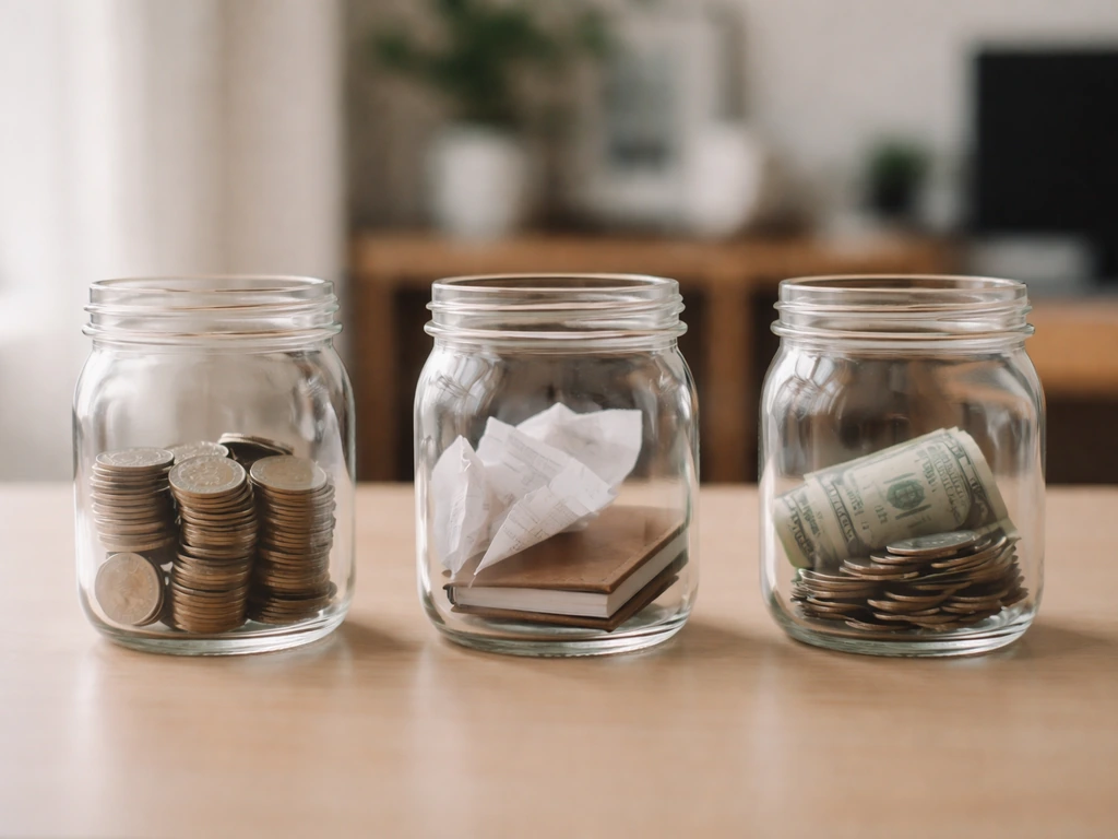 Three jars on a desk with coins and receipts symbolizing assets, earnings, and liabilities.