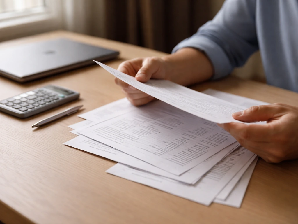 Anonymous hands reviewing financial documents on a desk with calculator and laptop nearby.