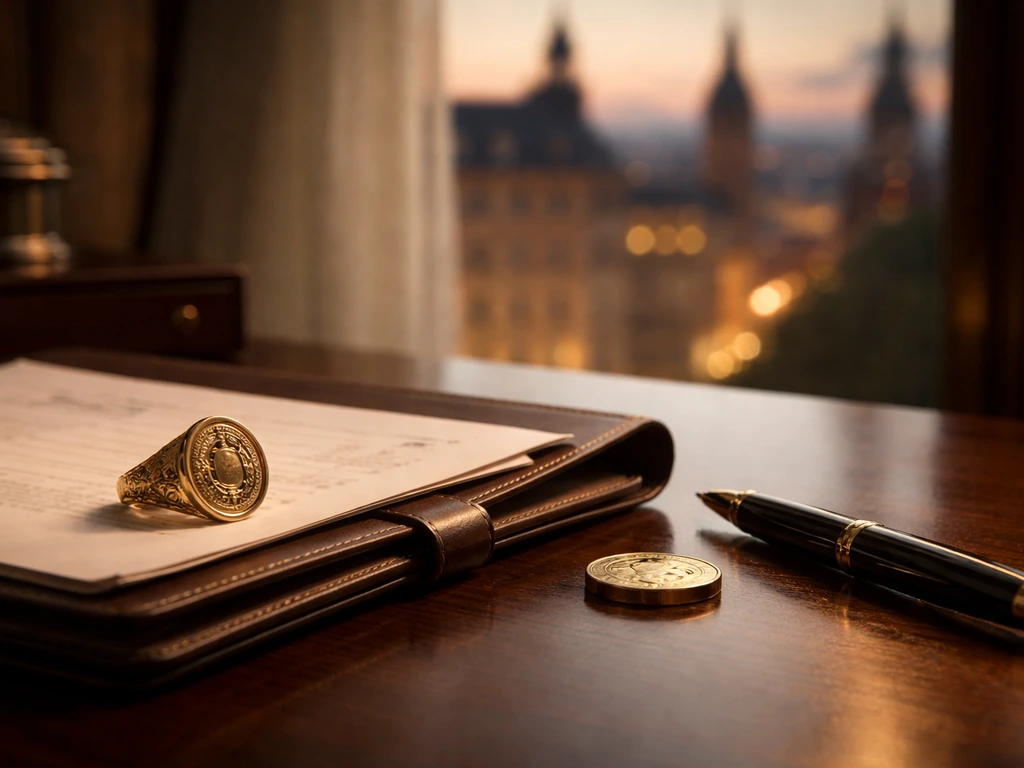 Luxury office desk with gold coin and signet ring, symbolizing royal wealth and net-worth analysis.