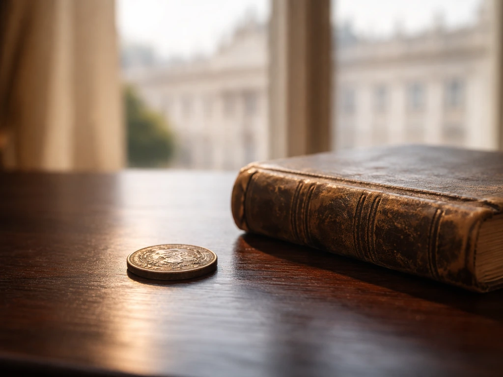 Warm, minimal office desk scene with an old coin and a blurred monarch-era book spine to suggest Simeon II.