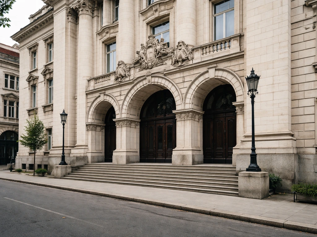 Sunlit Bulgarian courthouse exterior with ornate stone facade, symbolizing restitution of royal properties