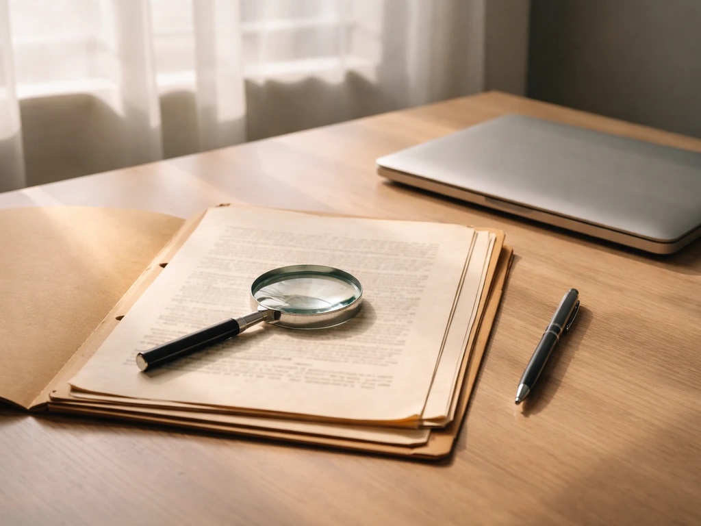 Minimal office desk with a magnifying glass over official registry-style documents and a closed laptop