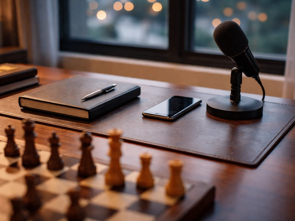 Minimal chess-and-media desk scene with a chessboard, microphone, and city lights—no people shown.