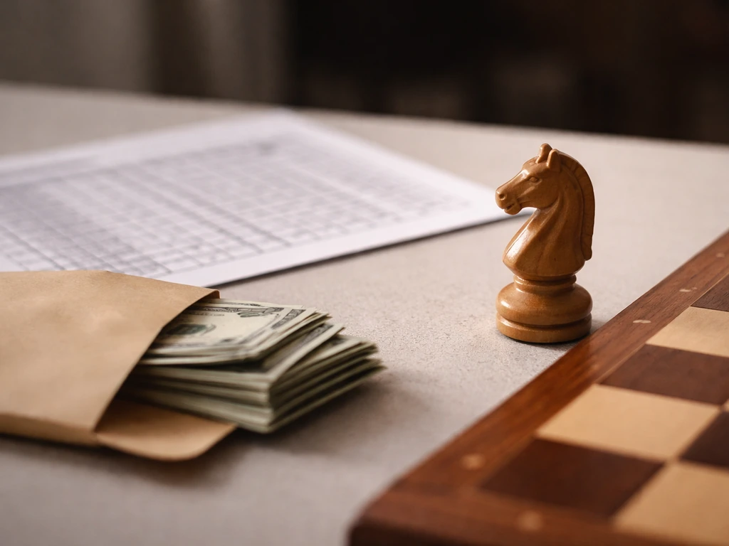 Close-up of chess pieces beside a blurred tournament crosstable print and a cash envelope on a table