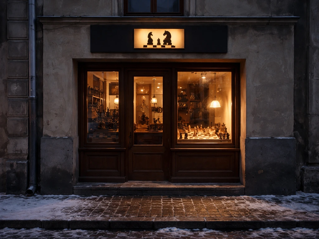 Lviv chess school storefront at dusk with chess pieces in the window and warm light from inside