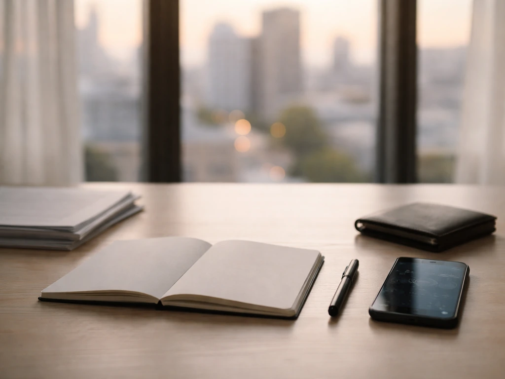 Minimal desk scene with wallet, notebook, and smartphone glow suggesting financial growth before 2017.