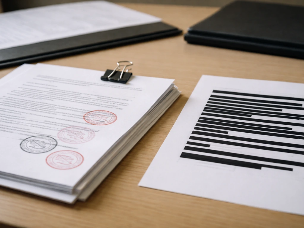 Close-up of stamped, redacted official documents on a simple desk, suggesting post-2022 sanctions complexity.