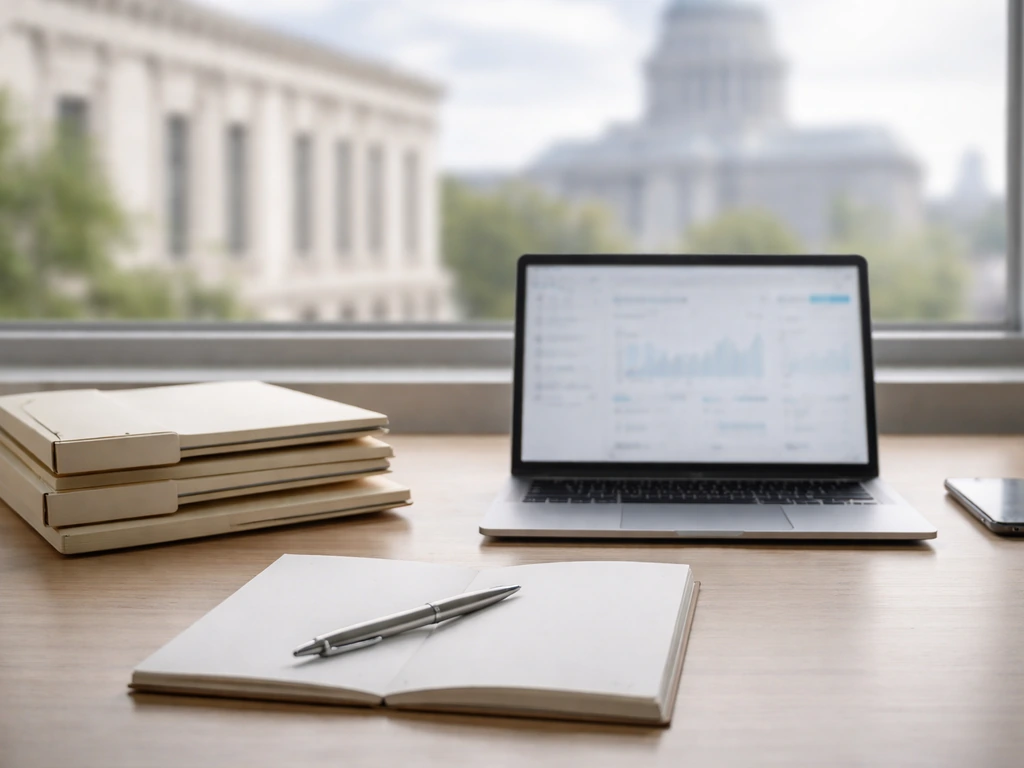 Minimal desk scene with blank folders, phone, and laptop, symbolizing triangulated net-worth methodology.
