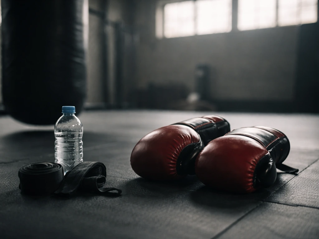 Red-and-black MMA gloves on a training mat in a quiet gym with soft window light and a blurred heavy bag.