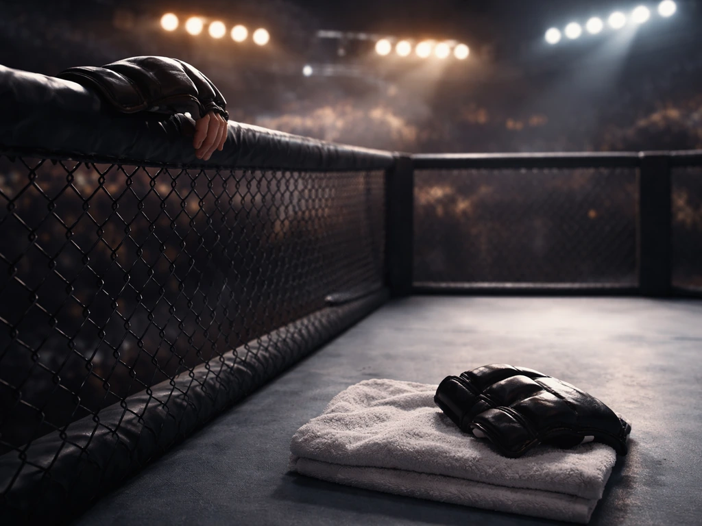 MMA cage interior with resting gloves and towel, symbolizing fight earnings without showing any fighter.