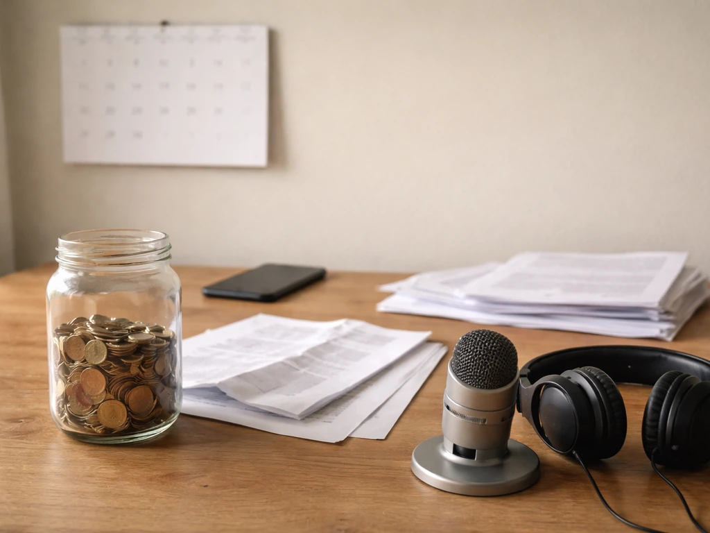 Minimal desk scene with coins, generic documents, and a smartphone, symbolizing uncertainty around wide estimates.