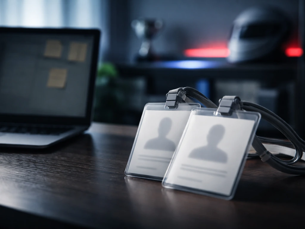 Two overlapping blurred identity cards near a laptop in a dim office with a motorsport-themed light