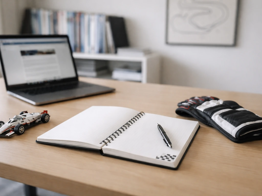 Minimal motorsport newsroom scene with a laptop and racing memorabilia suggesting a credible source.