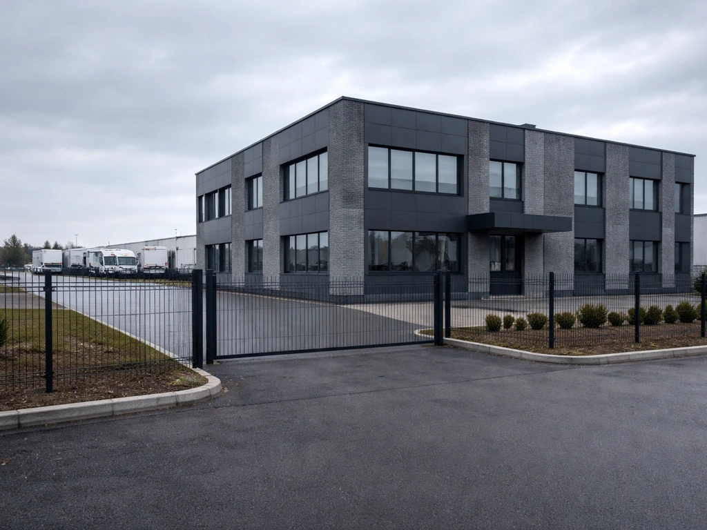 Exterior of a quiet industrial corporate building in Boryspil-like setting with a modern fence and overcast light.