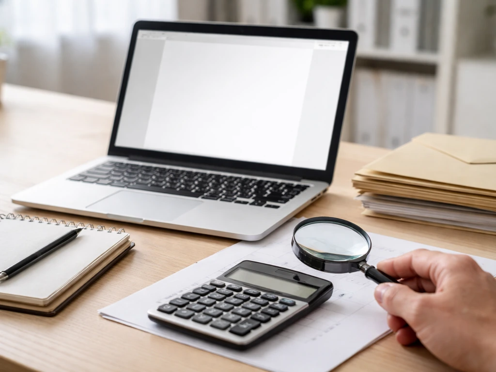 Hand holds a magnifying glass over a notebook and documents on a desk, symbolizing net-worth verification.