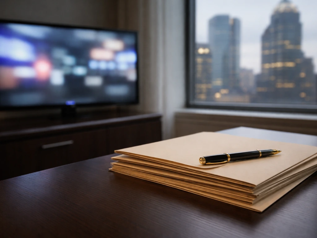 Minimal office desk with blurred TV newsroom glow and legal folders, symbolizing hard-to-value media wealth.