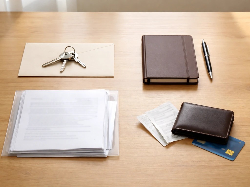 Tabletop scene with four neatly placed objects symbolizing assets, business stakes, holdings, and liabilities.