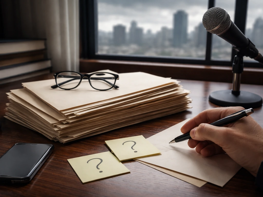Law and media desk with unlabeled documents and a hovering pen, symbolizing uncertain data from legal turmoil