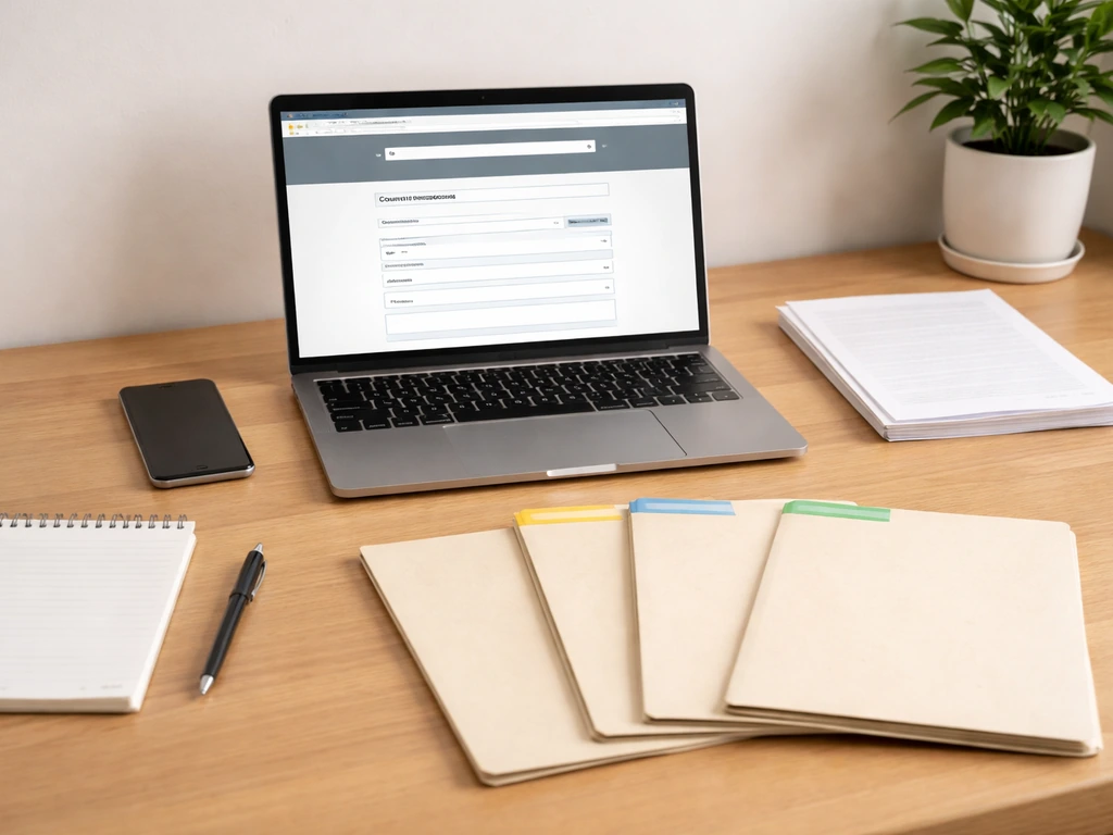 Desk setup with laptop court-record search, phone, and unlabeled documents for self-verification tracking