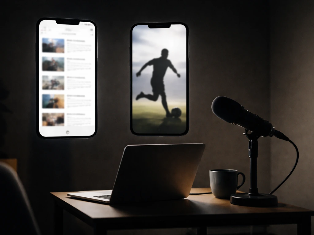 Two phones with unreadable social and sports thumbnails on a desk with a microphone, suggesting mixed search results.