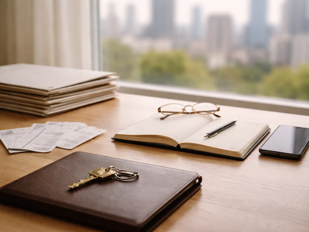 Minimal desk scene with documents, glasses, and a portfolio suggesting property and business wealth estimation