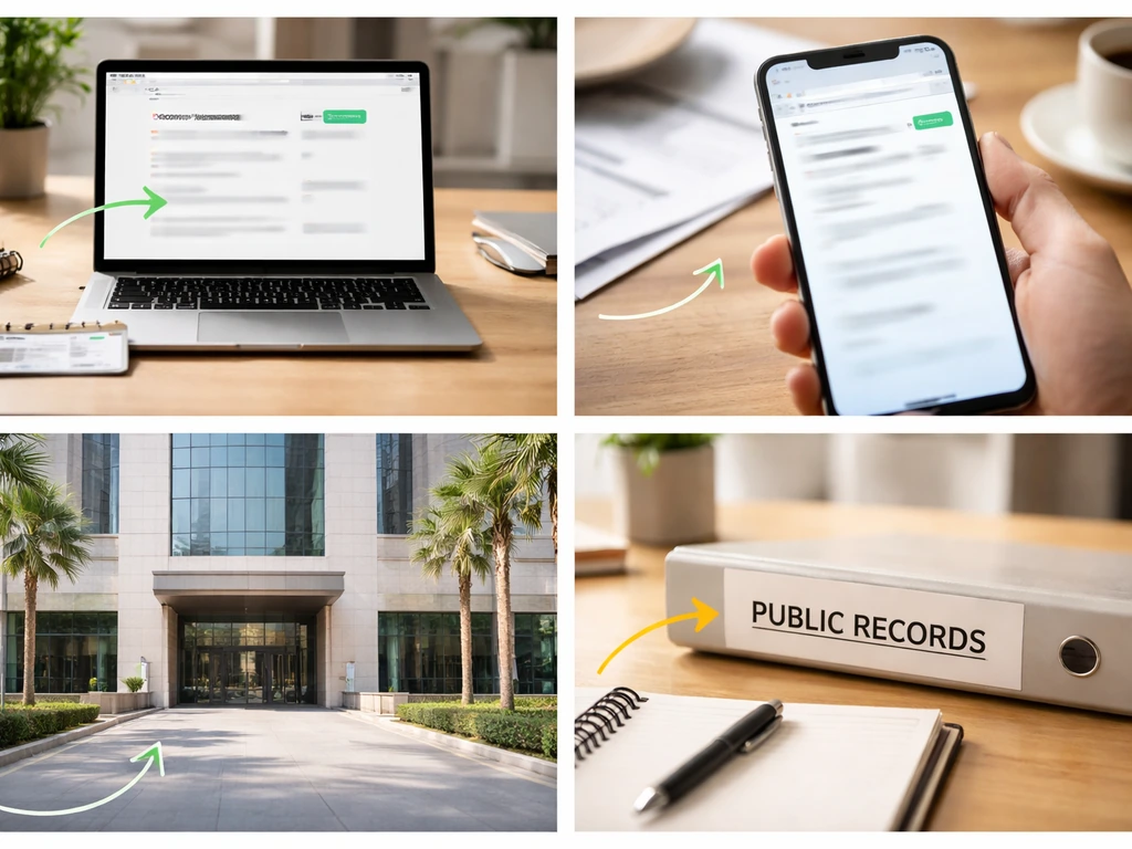 Minimal collage of blurred UAE registry search screens, office desk, and government-style building facade.