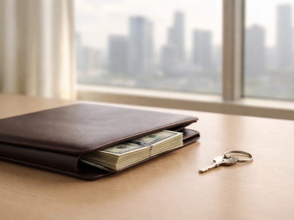 Minimal desk scene with a leather portfolio and cash, symbolizing a money range estimate.