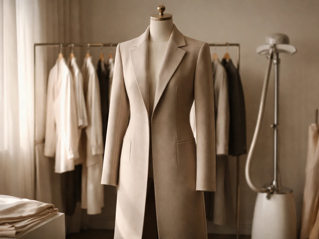 Fashion designer’s atelier scene with a flowing coat on a minimalist mannequin, referencing a luxury collaboration.