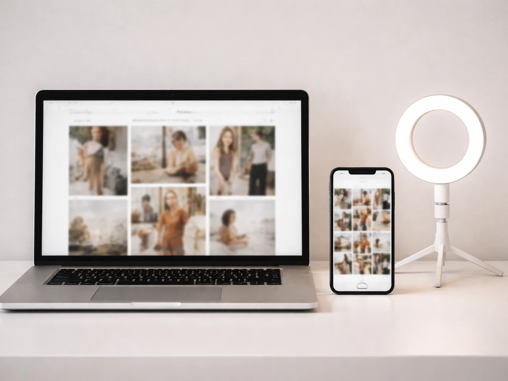 Minimal desk scene with laptop and smartphone showing blurred fashion blog and social media content.