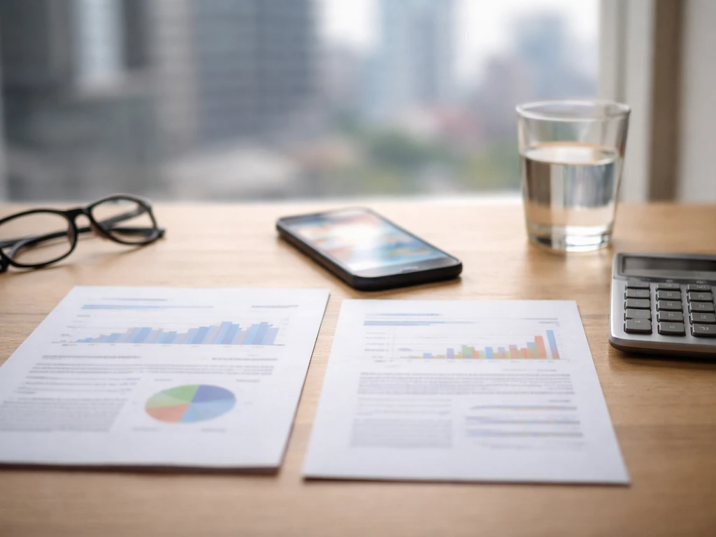 Minimal desk scene with calculator, smartphone glow, and two unread reports symbolizing differing estimate methods.