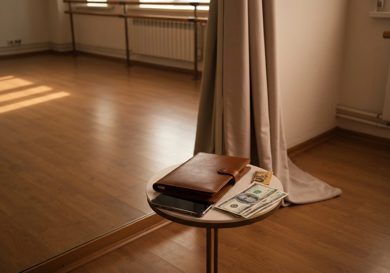 Minimal dance studio scene with portfolio, smartphone, and subtle cash envelopes suggesting wealth