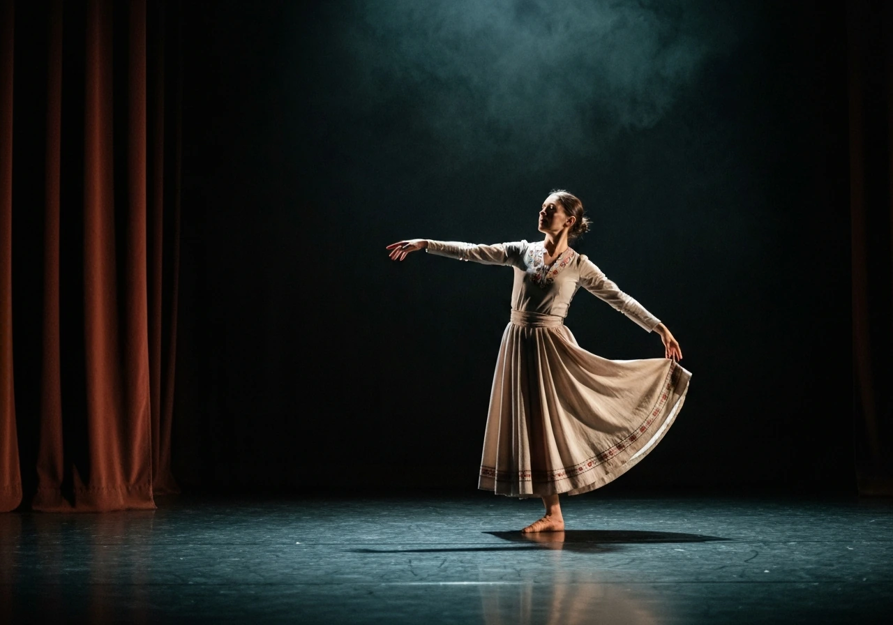 Ukrainian dancer in flowing costume performing on a dim theater stage under a spotlight