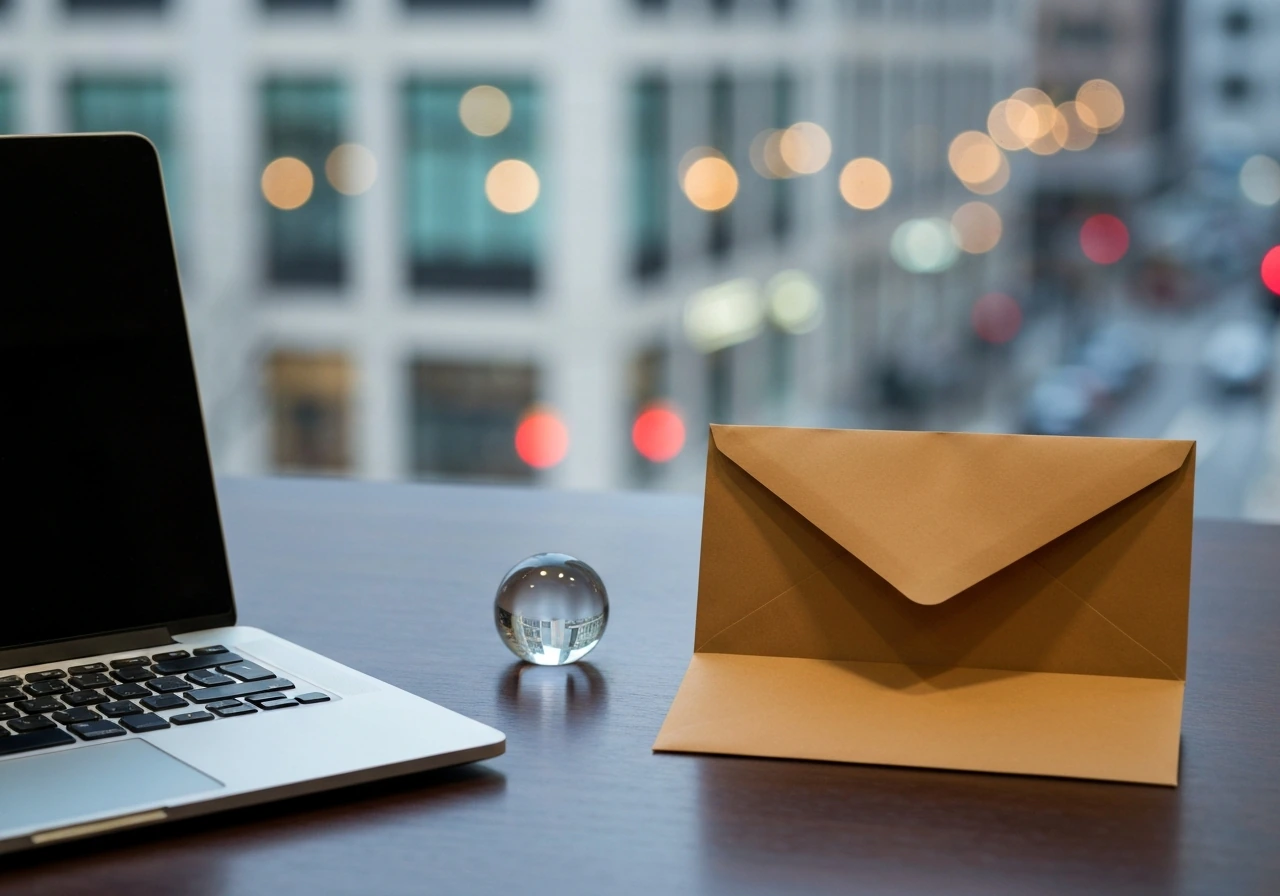 Minimal desk scene with business envelopes and blurred city lights, symbolizing a net worth range.