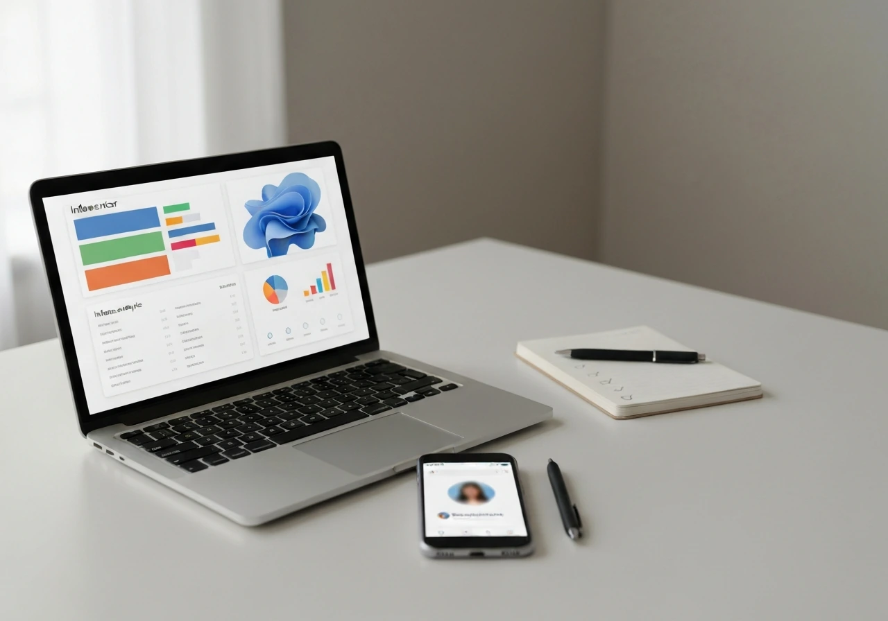 Minimal checklist-style verification scene with a laptop showing influencer analytics and a smartphone handle screen blu