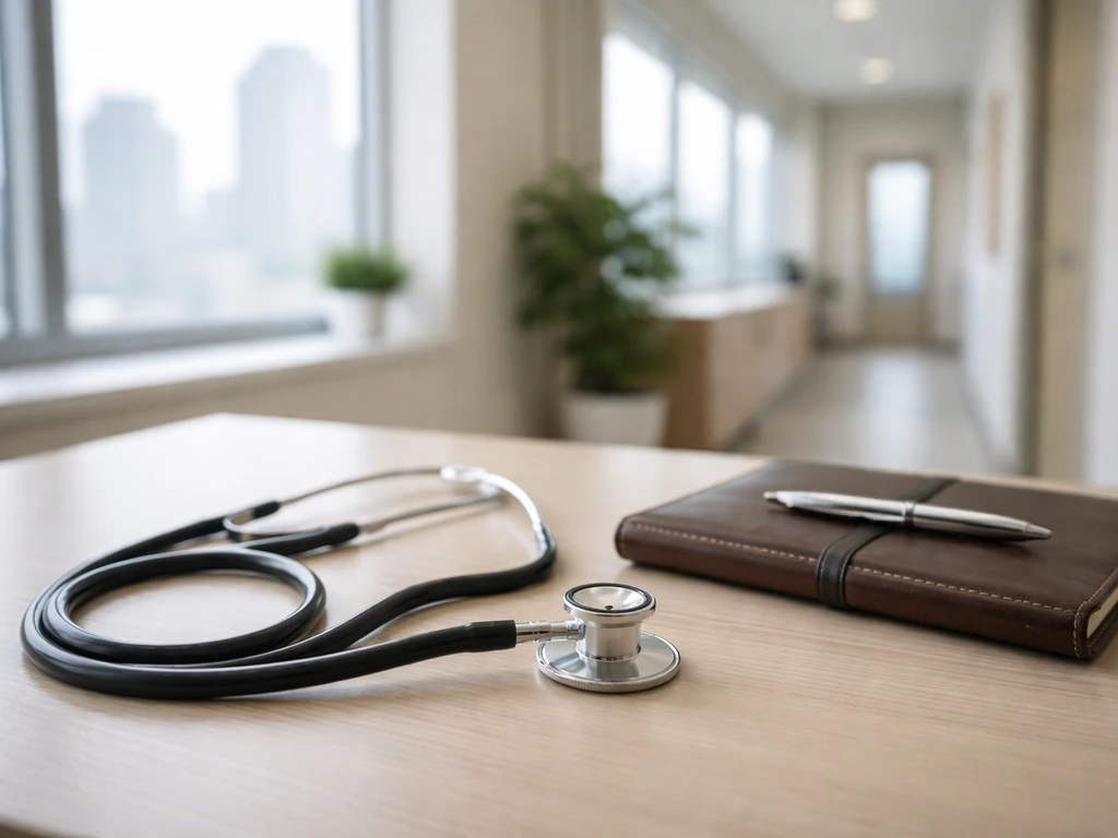 Minimal photo of a modern clinic office desk with a stethoscope and blurred city skyline through window