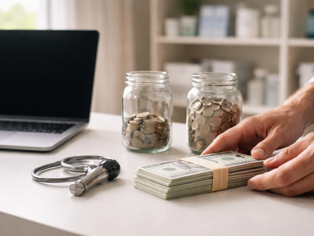 Minimal office scene with money, blurred laptop, and a simple sense of financial range and driving factors