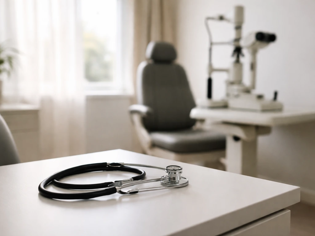 Ophthalmology clinic exam room with a clinician’s workstation and a stethoscope beside a window