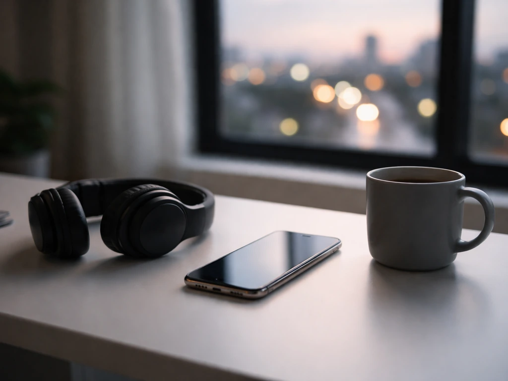 Minimal photo of a modern office desk setup with a smartphone, headset, and dim city light outside
