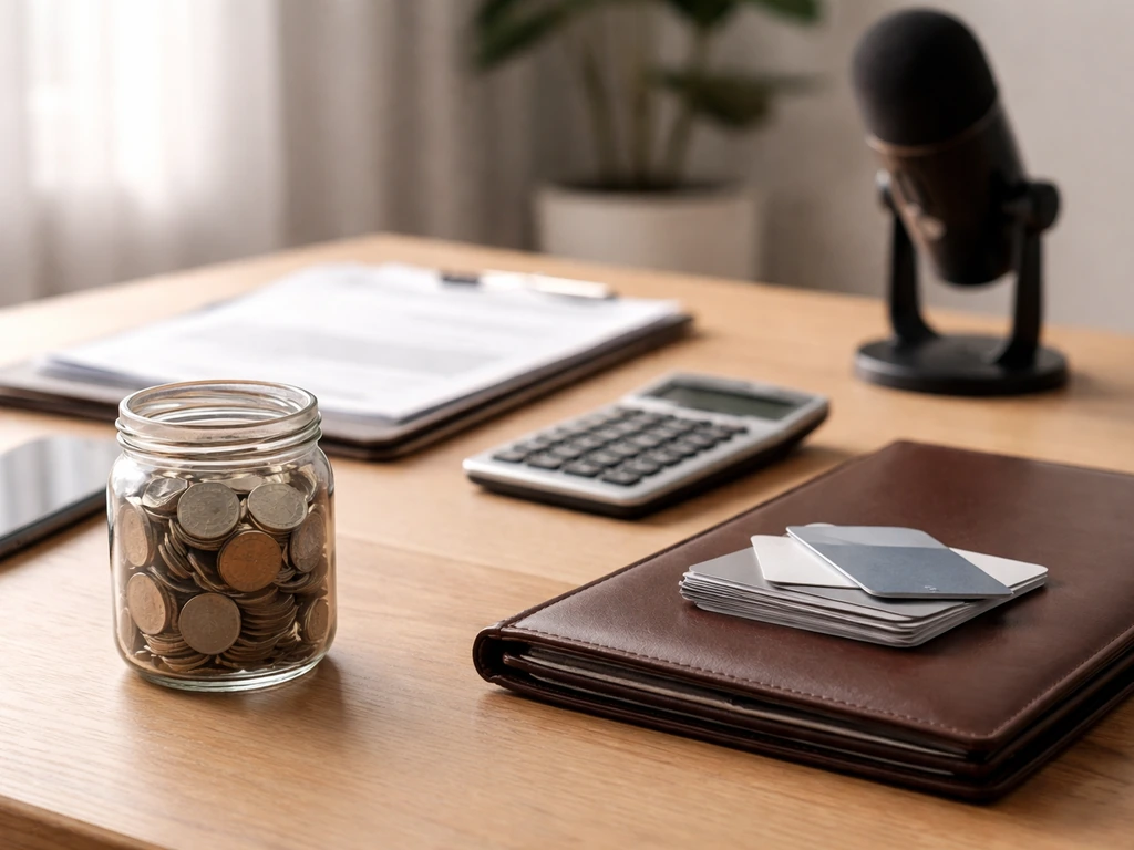 Minimal desk scene with documents, calculator, coins jar, and microphone symbolizing valuation steps for a private-found