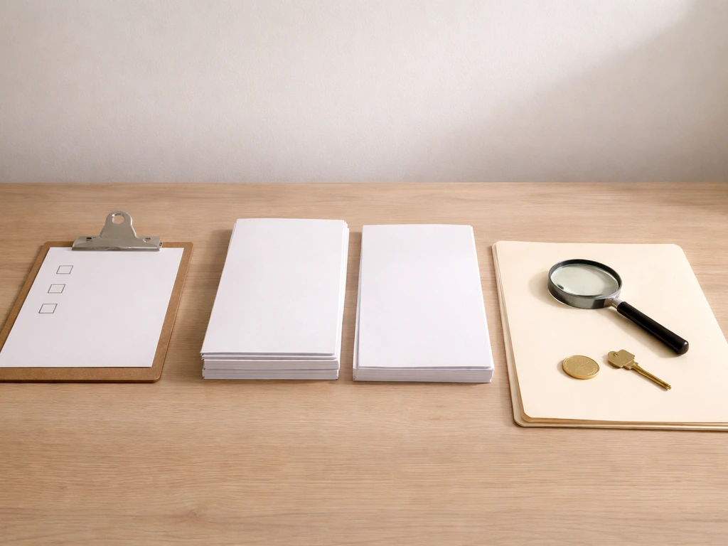 Minimal desk with clipboard checkboxes, magnifying glass, key and coin suggesting asset vs record gap.