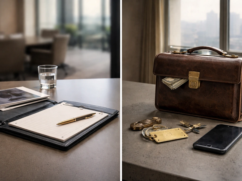 Minimal photo showing two business columns side-by-side: luxury office desk objects and media finance theme