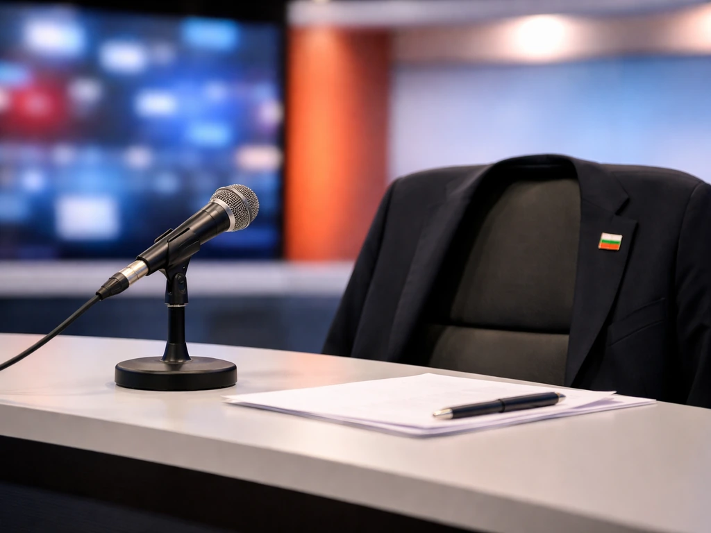 Anonymous Bulgarian TV studio desk with a microphone and blurred broadcast lights, hinting at a TV host role.