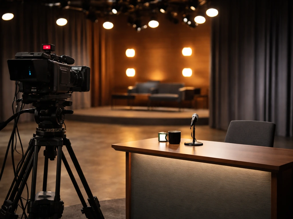 Minimal TV studio set with a camera and host desk setup, evoking a Bulgarian late-night talk show