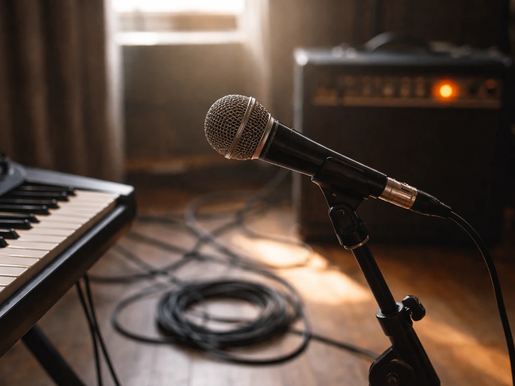 Close-up of a microphone and keyboard beside an amplifier, hinting at live music recordings and income.