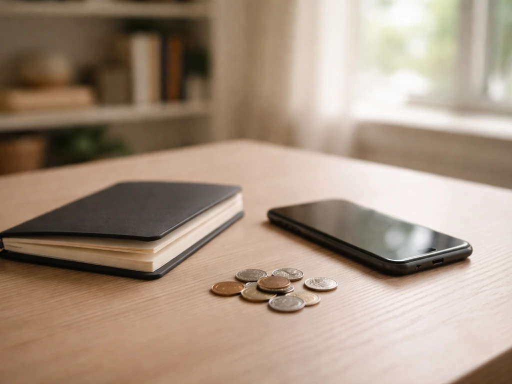 Minimal desk scene with notebook, smartphone, and scattered coins symbolizing net-worth research
