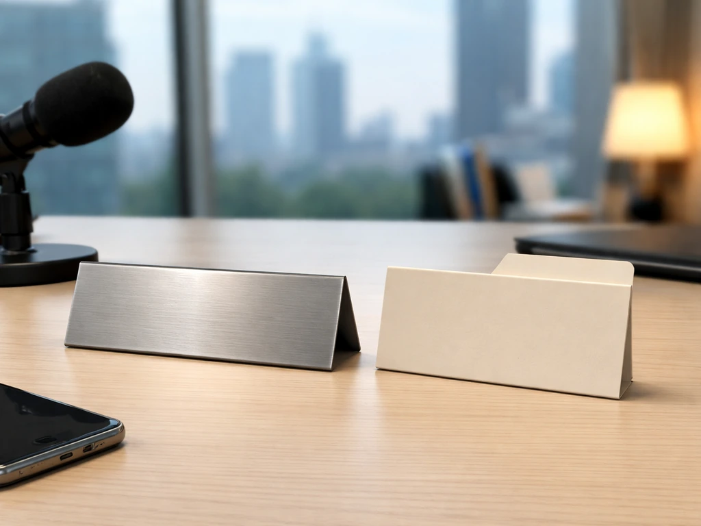 Two blank office desk nameplates beside a microphone and smartphone on a tidy business desk