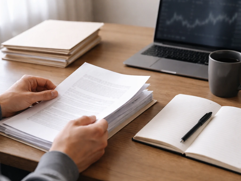 Close-up of an office desk with generic SEC-style documents, pen, and laptop, symbolizing disclosed equity inputs.
